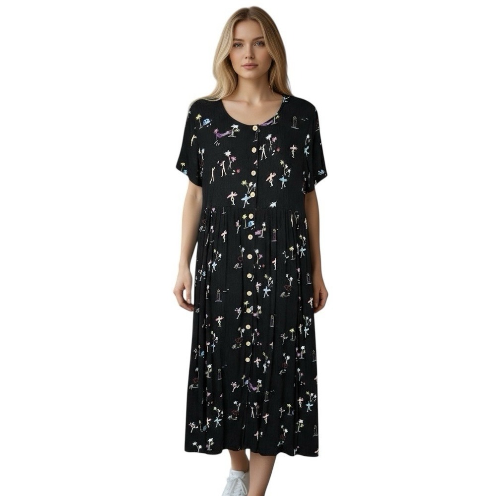 Dress Barn Black Button‎ Front Midi Dress Crinkle Surfer Beach Print Tie Waist